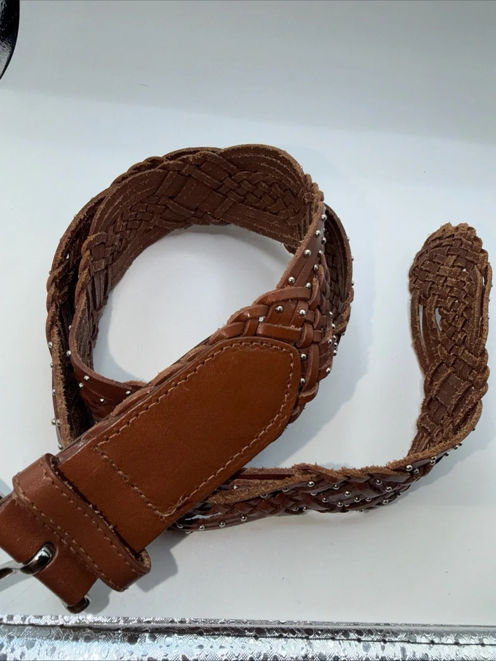 Talbots Brown Woven Leather Belt with Stud Accents women Sz Medium